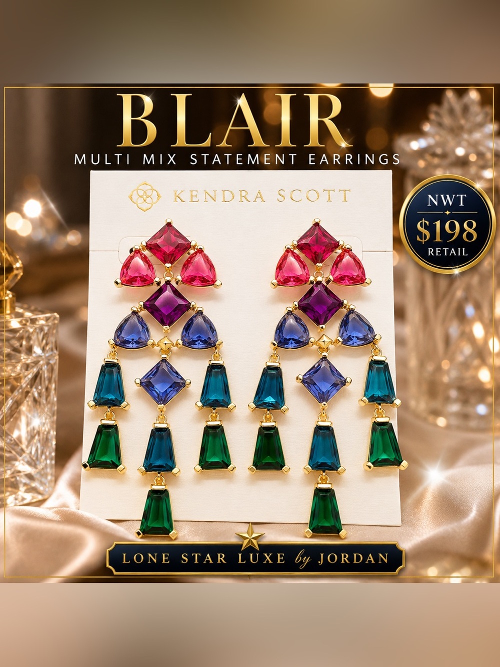 💎 NWT Kendra Scott Blair Statement Earrings Gold Multi Mix Jewel Cascade